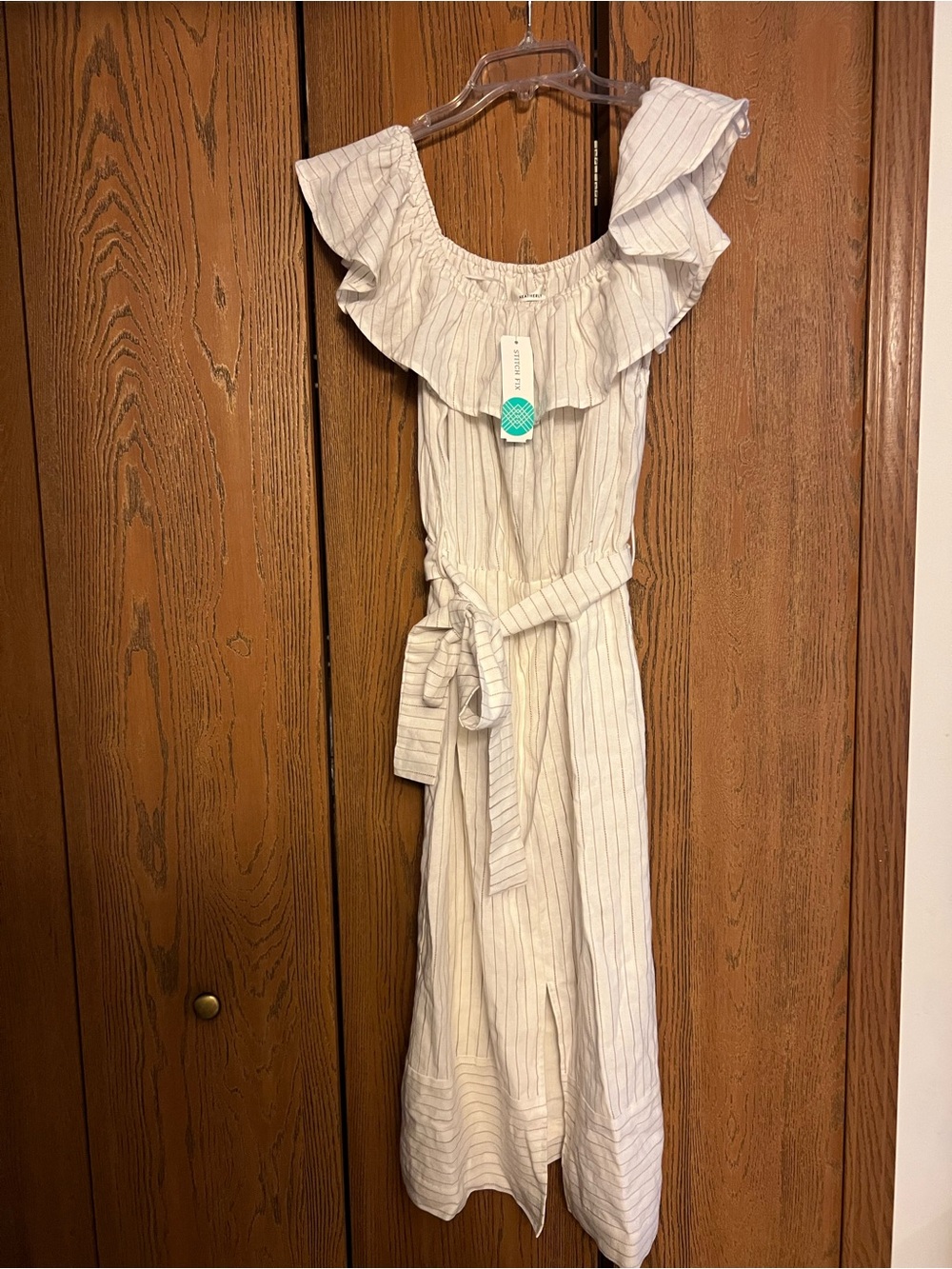 Heatherly Striped Off-Shoulder Ruffle Belted Dress in Light Beige.